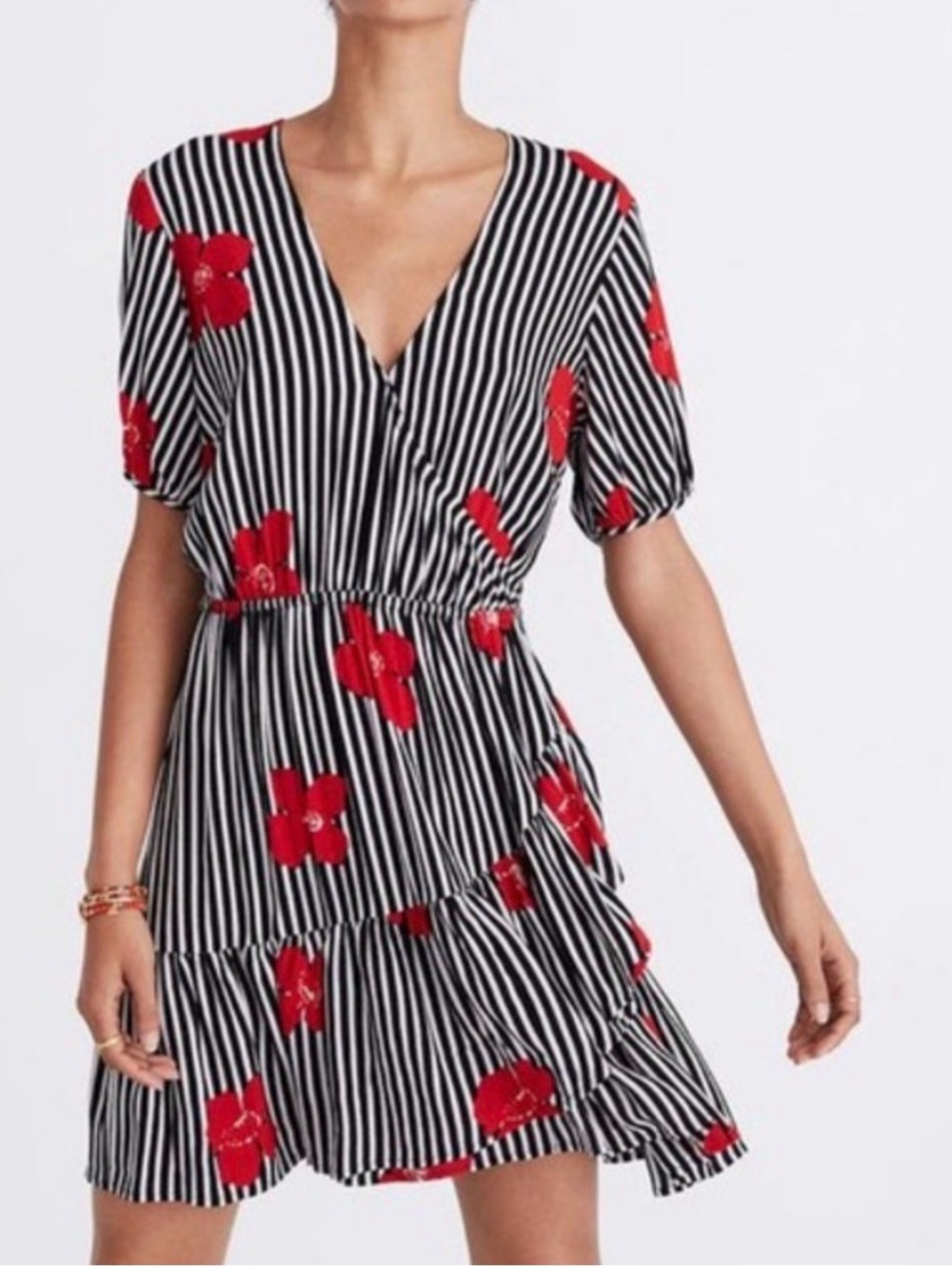 Madewell Bianca Faux Wrap Black & White Striped Mini Dress w/ Poppy: Sz 8